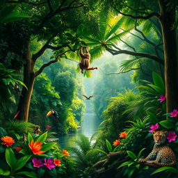 A lush, vibrant jungle teeming with life, featuring towering trees with thick canopies