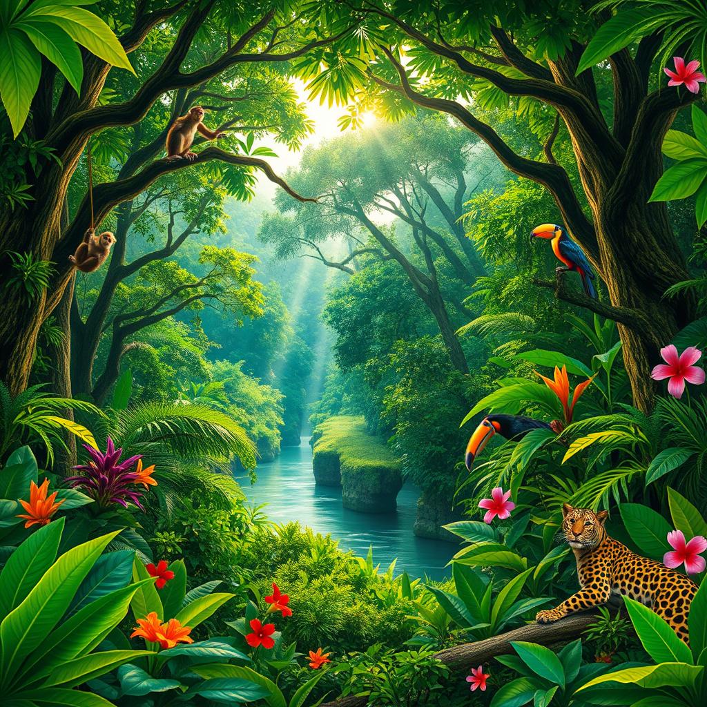 A lush, vibrant jungle teeming with life, featuring towering trees with thick canopies