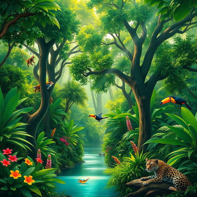 A lush, vibrant jungle teeming with life, featuring towering trees with thick canopies