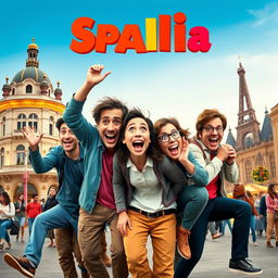 A vibrant movie poster for a Spanish comedy film featuring a group of quirky characters in a lively city setting