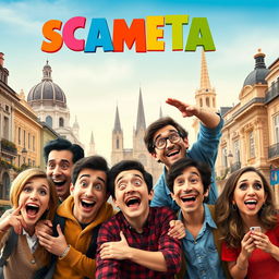 A vibrant movie poster for a Spanish comedy film featuring a group of quirky characters in a lively city setting