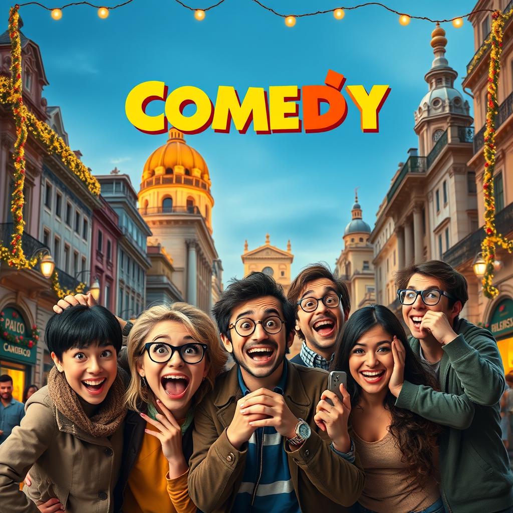 A vibrant movie poster for a Spanish comedy film featuring a group of quirky characters in a lively city setting