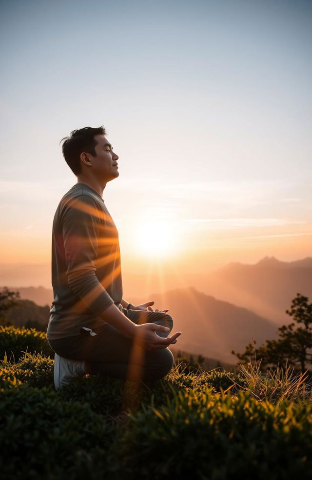 A serene landscape of a person meditating on a mountain top at sunrise, surrounded by lush greenery and a calm sky