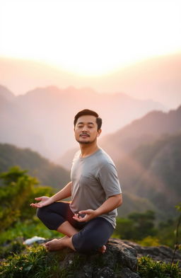 A serene landscape of a person meditating on a mountain top at sunrise, surrounded by lush greenery and a calm sky