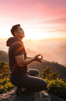 A serene landscape of a person meditating on a mountain top at sunrise, surrounded by lush greenery and a calm sky