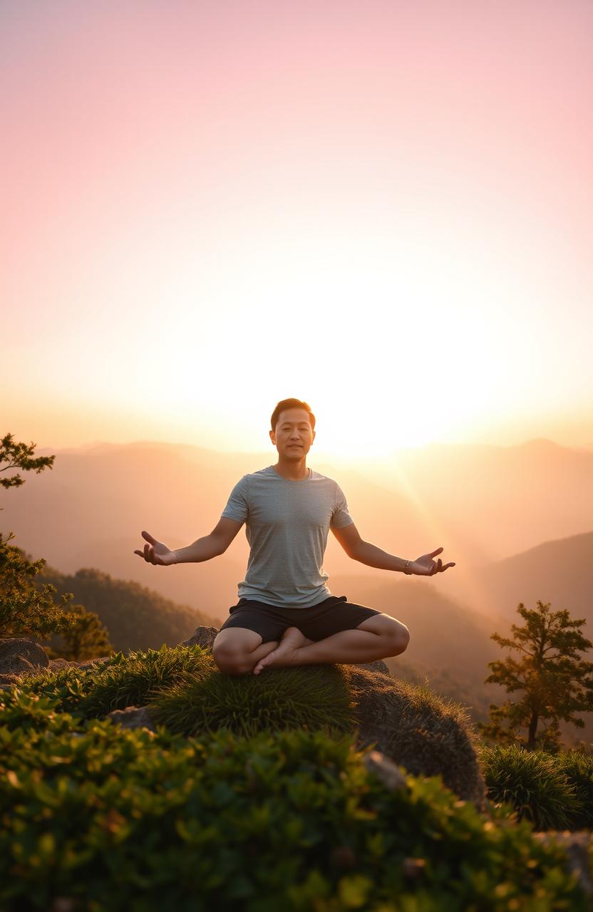 A serene landscape of a person meditating on a mountain top at sunrise, surrounded by lush greenery and a calm sky