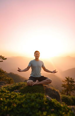 A serene landscape of a person meditating on a mountain top at sunrise, surrounded by lush greenery and a calm sky