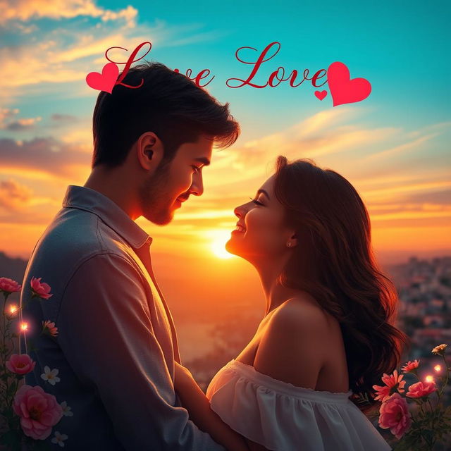 A romantic movie poster for a Spanish love film, depicting a passionate couple in an enchanting setting