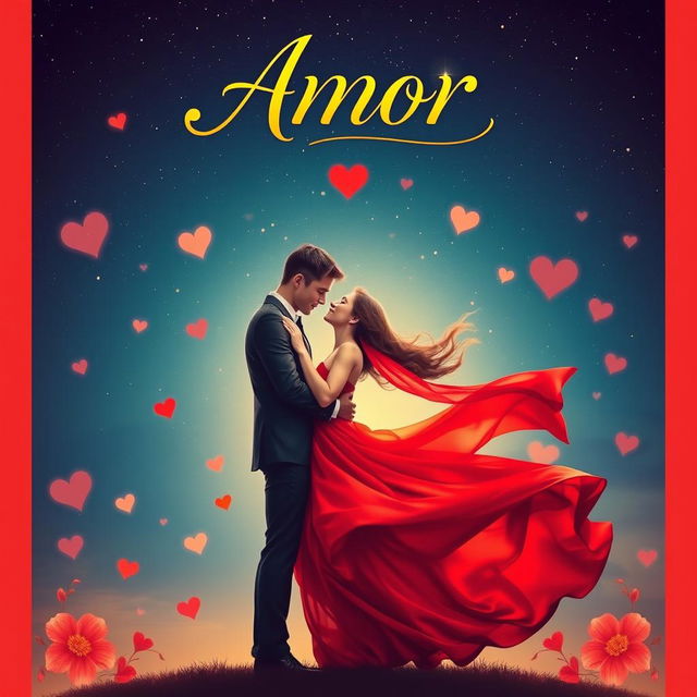 A vibrant movie poster showcasing a romantic theme, featuring an enchanting couple embracing under a starry night sky