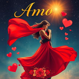 A vibrant movie poster showcasing a romantic theme, featuring an enchanting couple embracing under a starry night sky