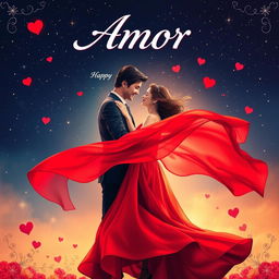 A vibrant movie poster showcasing a romantic theme, featuring an enchanting couple embracing under a starry night sky