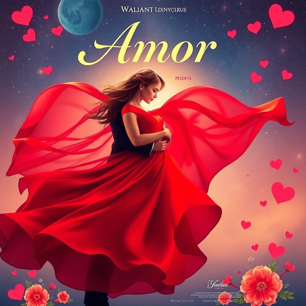 A vibrant movie poster showcasing a romantic theme, featuring an enchanting couple embracing under a starry night sky
