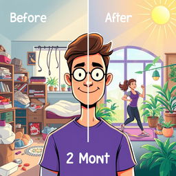 A creative and inspiring illustration showing a person transforming their life in 2 months