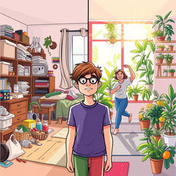 A creative and inspiring illustration showing a person transforming their life in 2 months