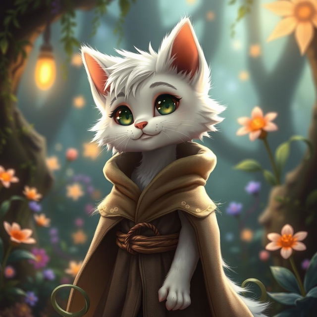 A young furry male cat character with soft white fur, wearing a flowing druid robe