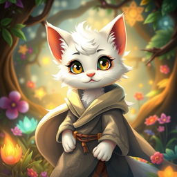 A young furry male cat character with soft white fur, wearing a flowing druid robe