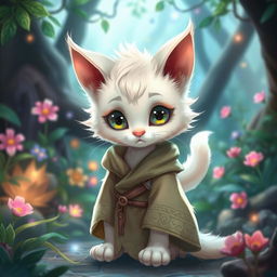 A young furry male cat character with soft white fur, wearing a flowing druid robe