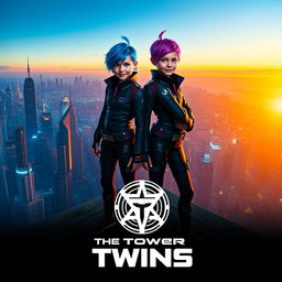 A movie poster for a film titled 'The Tower Twins', featuring two identical twin siblings standing proudly on a rooftop overlooking a sprawling, futuristic cityscape at sunset