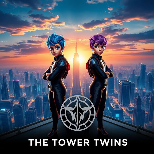 A movie poster for a film titled 'The Tower Twins', featuring two identical twin siblings standing proudly on a rooftop overlooking a sprawling, futuristic cityscape at sunset