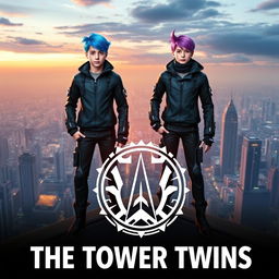 A movie poster for a film titled 'The Tower Twins', featuring two identical twin siblings standing proudly on a rooftop overlooking a sprawling, futuristic cityscape at sunset