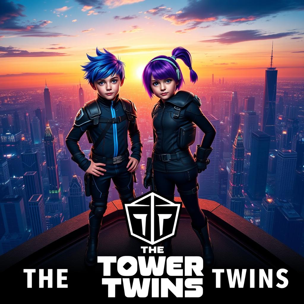 A movie poster for a film titled 'The Tower Twins', featuring two identical twin siblings standing proudly on a rooftop overlooking a sprawling, futuristic cityscape at sunset