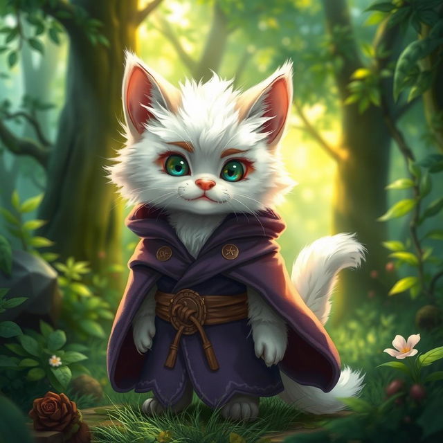 A young furry male cat character with fluffy white fur, adorned in an elegant druid robe