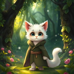A young furry male cat character with fluffy white fur, adorned in an elegant druid robe