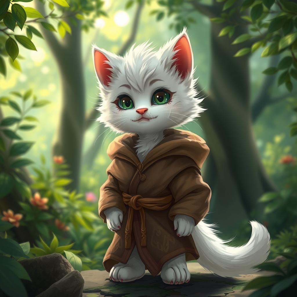 A young furry male cat character with fluffy white fur, adorned in an elegant druid robe