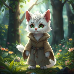 A young furry male cat character with fluffy white fur, adorned in an elegant druid robe