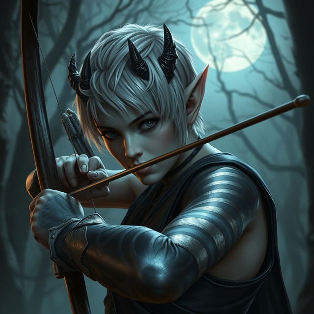 A dark elf with short hair featuring a silver tint, possessing small dragon-like horns