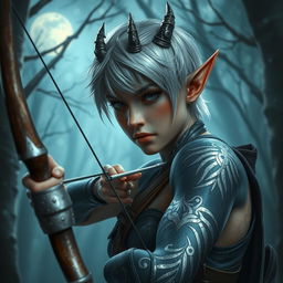 A dark elf with short hair featuring a silver tint, possessing small dragon-like horns