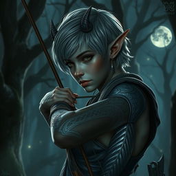 A dark elf with short hair featuring a silver tint, possessing small dragon-like horns