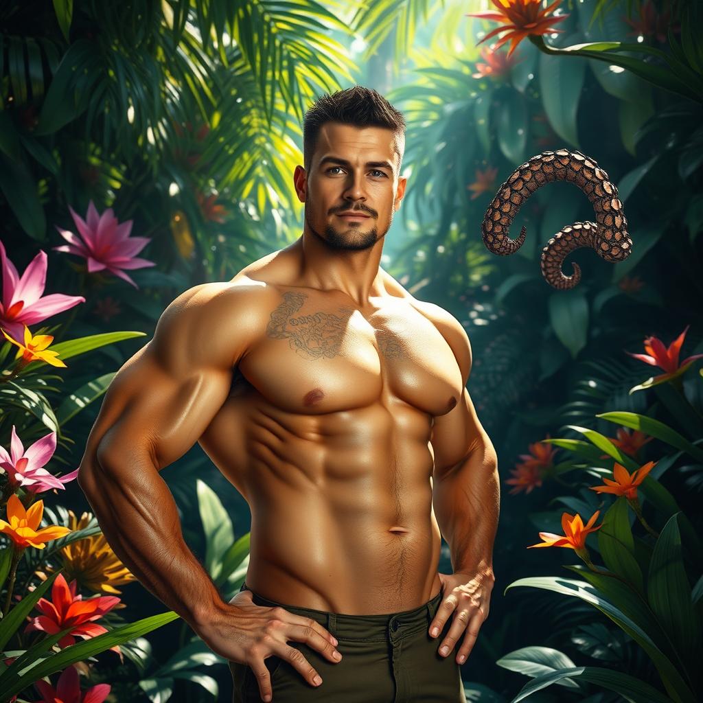 A surreal and imaginative scene featuring a muscular man with a strikingly unique tentacle-like appendage