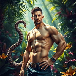 A surreal and imaginative scene featuring a muscular man with a strikingly unique tentacle-like appendage