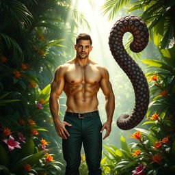A surreal and imaginative scene featuring a muscular man with a strikingly unique tentacle-like appendage