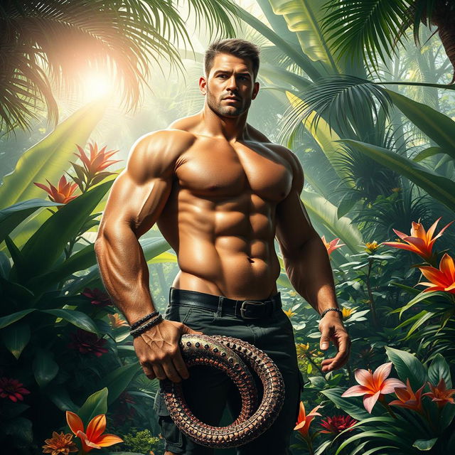 A surreal and imaginative scene featuring a muscular man with a strikingly unique tentacle-like appendage