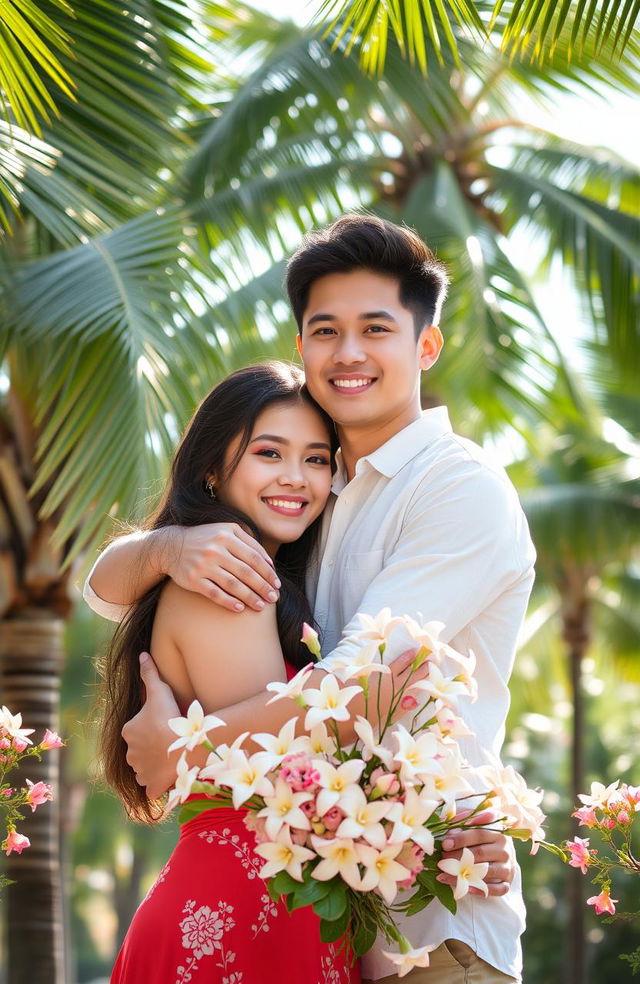 A handsome young man and a beautiful young woman embracing each other in a warm, joyful hug