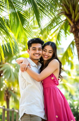 A handsome young man and a beautiful young woman embracing each other in a warm, joyful hug