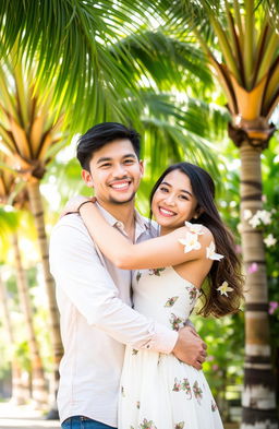 A handsome young man and a beautiful young woman embracing each other in a warm, joyful hug