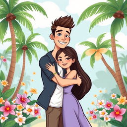 A cartoon-style illustration of a handsome young man and a beautiful young woman hugging each other affectionately
