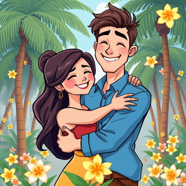 A cartoon-style illustration of a handsome young man and a beautiful young woman hugging each other affectionately