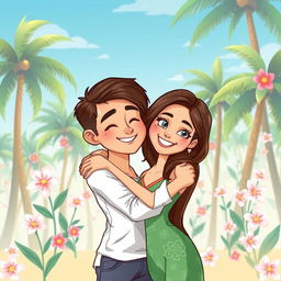 A cartoon-style illustration of a handsome young man and a beautiful young woman hugging each other affectionately