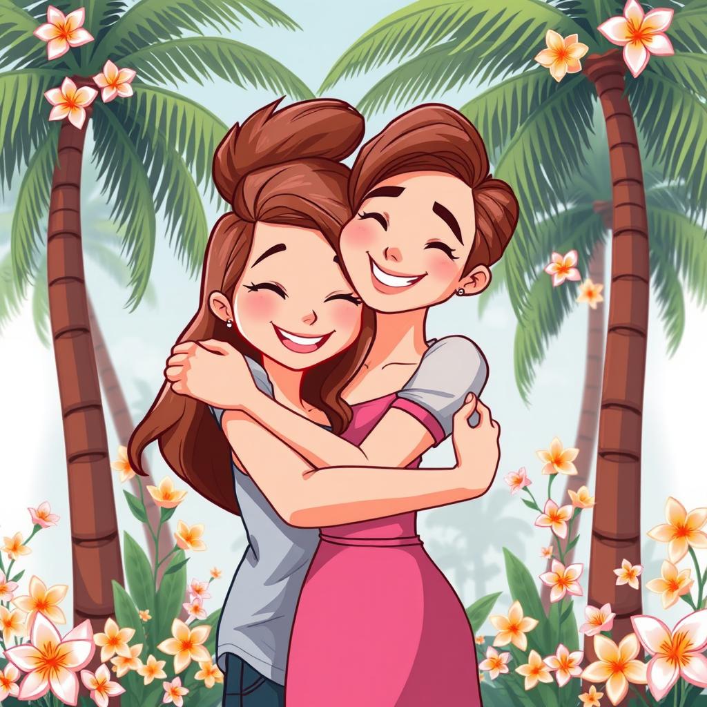 A cartoon-style illustration of a handsome young man and a beautiful young woman hugging each other affectionately