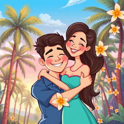 A cartoon-style illustration featuring a handsome young man and a beautiful young woman hugging each other affectionately