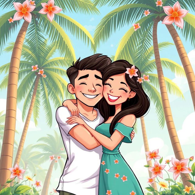 A cartoon-style illustration featuring a handsome young man and a beautiful young woman hugging each other affectionately