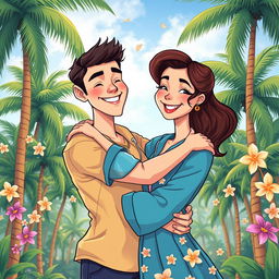 A cartoon-style illustration featuring a handsome young man and a beautiful young woman hugging each other affectionately