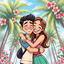 A cartoon-style illustration featuring a handsome young man and a beautiful young woman hugging each other affectionately
