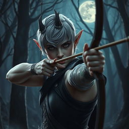 A dark elf with short hair that has a striking silver tint, adorned with small dragon-like horns on their head