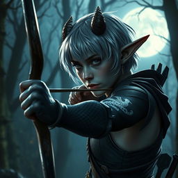 A dark elf with short hair that has a striking silver tint, adorned with small dragon-like horns on their head