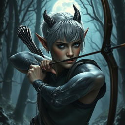A dark elf with short hair that has a striking silver tint, adorned with small dragon-like horns on their head